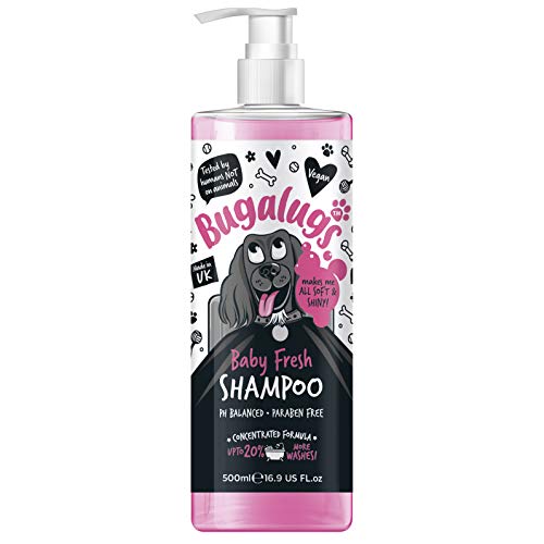 Bugalugs Baby Fresh Hundeshampoo, 500 ml, Hundefellpflege, für stinkende Hunde mit Babypuderduft, bestes Welpen-Shampoo Baby Fresh, Shampoo-Conditioner, veganes Haustier-Shampoo von BUGALUGS