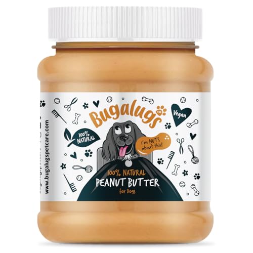 Bugalugs Hunde-Erdnussbutter – 100 % natürliche Erdnussbutter für Hunde und Welpen – Hundefutter-Aufsätze für Hundeleckmatten – Protein-Leckerli-Paste frei von Palmöl, Weizen und Gluten frei & ohne von BUGALUGS