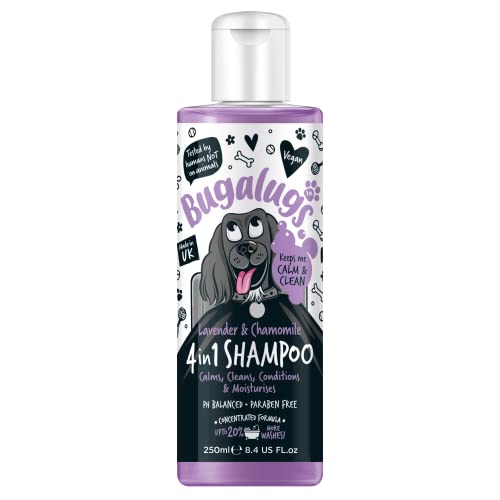 Bugalugs Hunde-Shampoo mit Lavendel undtinke Kamille, 4-in-1-Hundepflege-Shampoo-Produkte für snde Hunde, bestes Welpen-Shampoo, professionelles Bräutigam, Haustier-Shampoo und Conditioner (250 ml) von BUGALUGS