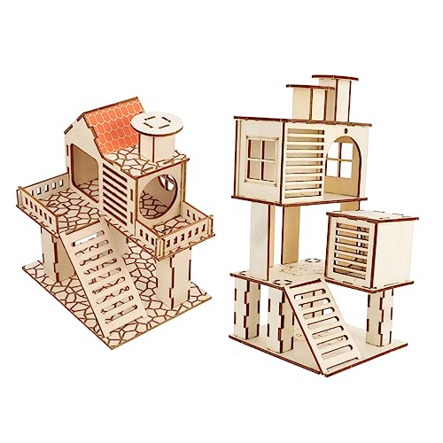 BUGUUYO Holzspielzeug 2st Hamstervilla Spielhaus Holzhütte Kleintierversteck Käfig Hölzern Chinchilla Kauspielzeug von BUGUUYO