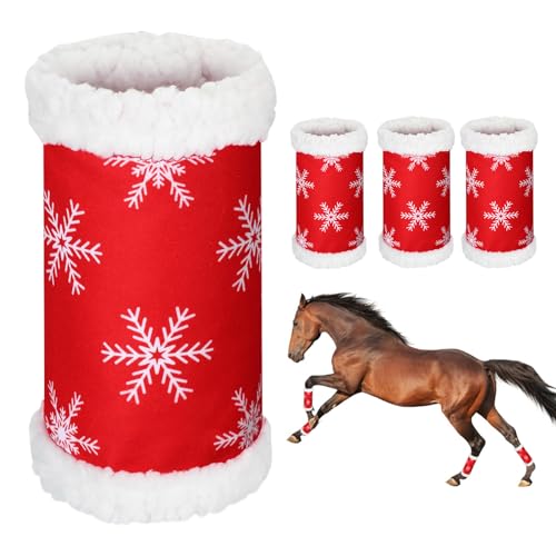 Stehende Bandagen für Pferde | Rotes Plüschpferd Weihnachtskostüm | Schneeflockenmuster Pferdebeinstulpen | weiche Pferdebeinärmel für den Winter von BUKISA