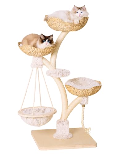 BUKLOY Stabiler Katzenbaum im Zweigdesign, 130 cm hoch, mit Kratzbaum, 3 Handgeflochtene Strohkörbe, 1 Hängematte, 1 Katzenkratzseil, Kletterbaum für Katzen，Weiß von BUKLOY