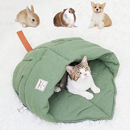 Katzenschlafsack Groß Blattform Bequem Katzennest mit Antirutsch Beschichtung, Katzen Kuschelhöhle für Welpen, Kaninchen, Katzenbett aus Leinen zu Jeder Jahreszeit Verfügbar (19,3"×30,3",Grün) von BULANGDE