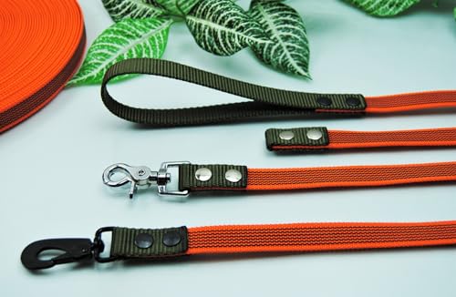 Duo Leine gummiert + Nylon 2m orange + Oliv Trainingsleine Führleine (Karabiner: Silber, MIt Schlaufe) von BULLYZEI