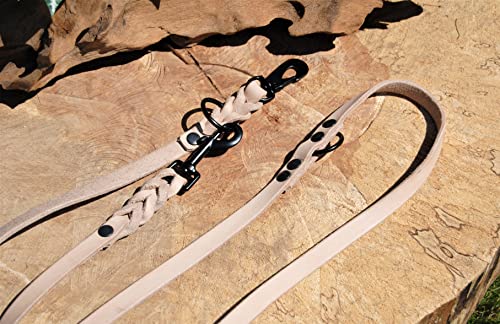 Edle beige Lederleine 16mm x 2,5m verstellbar Schweden-Karabiner geflochten Doppelführleine von BULLYZEI