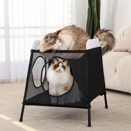 BUMUBI Erhöhtes Katzenhaus, doppellagig, faltbar, für den Innenbereich, Hängematte und Höhle für mehrere/große Katzen, Hunde, Kaninchen, atmungsaktiv, Sommerversteck mit abnehmbarem Bezug von BUMUBI
