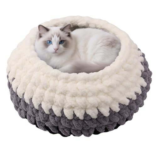 BUMUBI Katzennest, handgewebt, waschbar, extra weich, rund, Höhlenhausmöbel für den Innenbereich, Kätzchen, Wolke, Schwarz, Weiß und Grau von BUMUBI