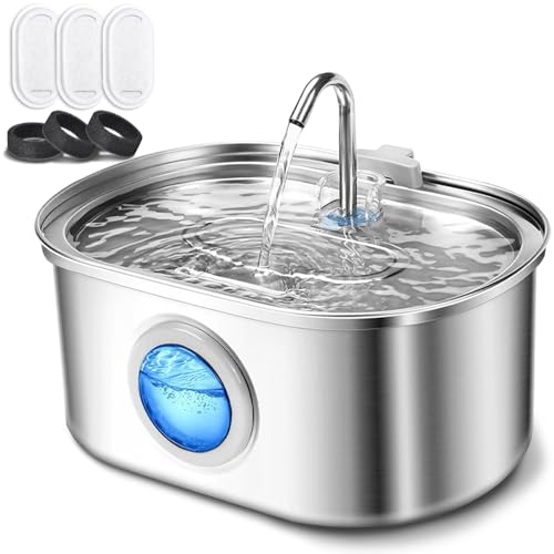 BUOAZR Katzenbrunnen Edelstahl, 3.2L Trinkbrunnen für Katze, Super Silent Wasserbrunnen für Katzen, Eingebautes LED Licht, BPA-frei, mit Wasserstandsfenster, 3 Aktivkohlefilter+3 Schaumfilter von BUOAZR