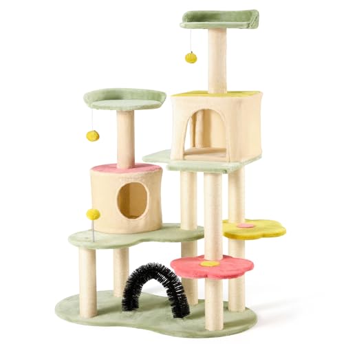 Katzenbaum mit Blumenmotiv, 150 cm, niedlicher Katzenbaum für Indoor-Katzen, mit Sisal-Kratzbäumen, Ständer, gemütlich, robust, gepolsterte Sitzstange und Glockenball, buntes Katzenbaumhaus für Katzenbaum mit Blumenmotiv, 150 cm, niedlicher Katzenbaum für Indoor-Katzen, mit Sisal-Kratzbäumen, Ständer, gemütlich, robust, gepolsterte Sitzstange und Glockenball, buntes Katzenbaumhaus für von BUPPLEE
