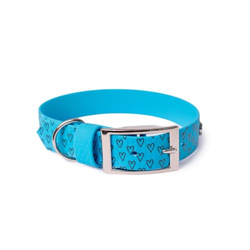 BURA Wasserdichtes Hundehalsband – geruchshemmend, robust und bequem – modernes Design mit verschiedenen Mustern – ideal für Spaziergänge und aktive Tage, Herz, Hellblau, L von BURA