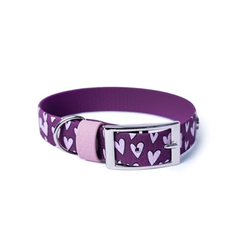 BURA Wasserdichtes Hundehalsband – geruchshemmend, robust und bequem – modernes Design mit verschiedenen Mustern – ideal für Spaziergänge und aktive Tage, Volles Herz, Violett, L von BURA