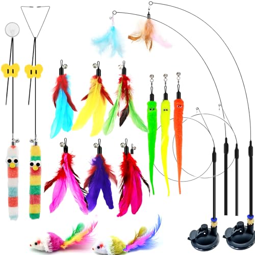 BURCHLIFE Katzenspielzeug, 2 Stück, 4-in-1, interaktives Katzenspielzeug für Indoor-Katzen mit klebrigem Super-Saugnapf, abnehmbar, 15 Ersatzfedern, Spielzeug, Mäuse, 4 Zauberstäbe, hängende Tür, von BURCHLIFE