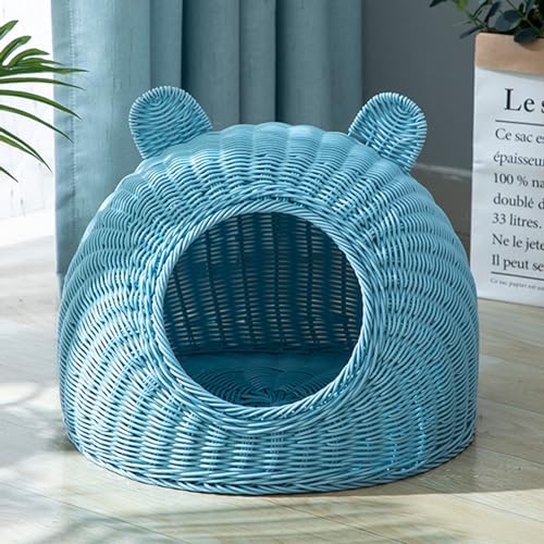 BURLOE Katzenbett Aus Korbgeflecht Kunststoff Für Hauskatzen, Niedliche Katzenohr Katzenbetthöhle Handgewebtes Halbgeschlossenes Katzenhaus Rattan,Blau,29cm BURLOE Katzenbett Aus Korbgeflecht Kunststoff Für Hauskatzen, Niedliche Katzenohr Katzenbetthöhle Handgewebtes Halbgeschlossenes Katzenhaus Rattan,Blau,29cm von BURLOE