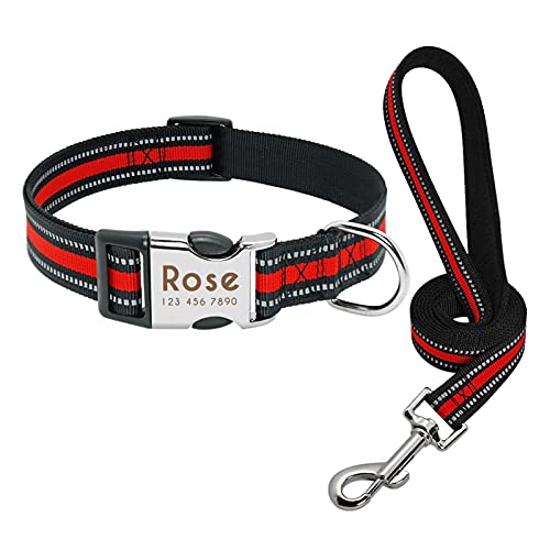 Hundeleine Benutzerdefinierte Haustier Hundehalsband Leine Reflektierende Welpenhalsbänder Mittelgroßes Hundehalsband Gravieren Sie den Namen Verstellbare Führleine (Color : Red Set, Size : S) von BUUNHI