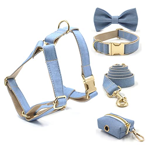 Hundeleine Hellblauer Denim personalisiertes Hundehalsband und Leine Set Fliege Hundegeschirr Mädchen Verstellbare Führleine (Color : Gold, Size : S Neck 31-41cm) von BUUNHI