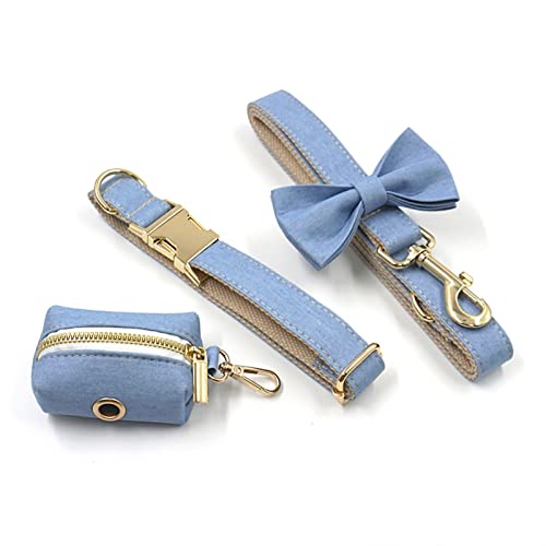 Hundeleine Hellblauer Denim personalisiertes Hundehalsband und Leine Set Fliege Hundegeschirr Mädchen Verstellbare Führleine (Color : Silver, Size : S Neck 31-41cm) von BUUNHI