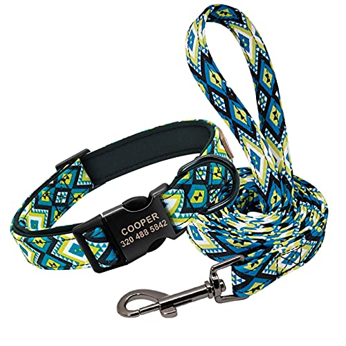 Hundeleine Hundehalsband Nylon Pet Dog ID Tag Halsbänder Gravierte Bedruckte Welpenhalsbandleine Verstellbare Führleine (Color : Blue Set, Size : M) von BUUNHI