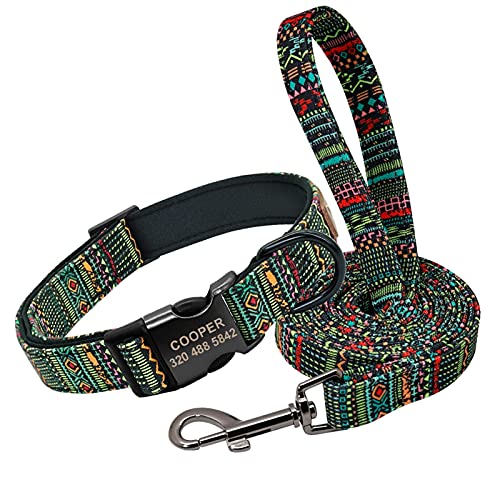Hundeleine Hundehalsband Nylon Pet Dog ID Tag Halsbänder Gravierte Bedruckte Welpenhalsbandleine Verstellbare Führleine (Color : Green Set, Size : L) von BUUNHI