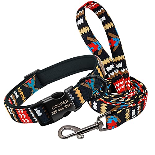Hundeleine Hundehalsband Nylon Pet Dog ID Tag Halsbänder Gravierte Bedruckte Welpenhalsbandleine Verstellbare Führleine (Color : Red Set, Size : L) von BUUNHI