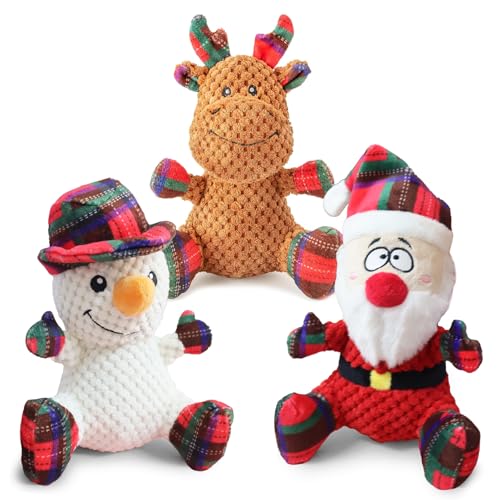 BUYPOW Weihnachts-Hundespielzeug für große Hunde – 3 Stück Plüsch-Quietschspielzeug für mittelgroße und kleine Hunde – Stofftiere, Welpenspielzeug – lustiges süßes Hundegeschenk für Hundegeburtstag von BUYPOW
