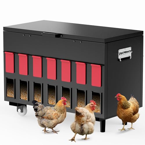 BUYYAH Automatischer Hühner-Futterspender 59.0 kg Kapazität 14 Ports Tragbarer Geflügel-Futterspender Wasserdichter Metall Hühnerfutterspender Geeignet für Gänse, Enten, Truthahn, Wachteln von BUYYAH