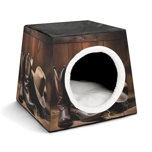 Leichte Reisebox Hundehütte Indoor & Outdoor Cowboy Schwarzer Hut Westernstiefel Bedruckte Indoor Hundehütte mit waschbarem Plüschkissen Geeignet für Hunde & Katzen von BVKWNTSA