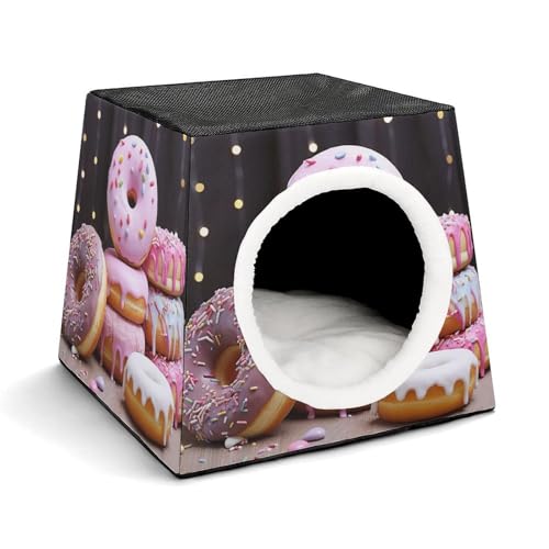 Leichte Reisebox Hundehütte Indoor & Outdoor Donut Kuchen Bedruckte Indoor Hundehütte mit waschbarem Plüschkissen Geeignet für Hunde & Katzen von BVKWNTSA