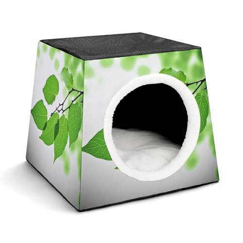Leichte Reisebox Hundehütte Indoor & Outdoor Grün und Weiß Blatt Gedruckt Indoor Hundehaus mit waschbarem Plüschkissen Geeignet für Hunde & Katzen von BVKWNTSA