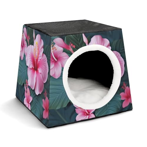 Leichte Reisebox Hundehütte Indoor & Outdoor Hawaii Pink Flower Printed Indoor Dog House with Washable Plush Cushion Suitable for Dogs & Cats von BVKWNTSA