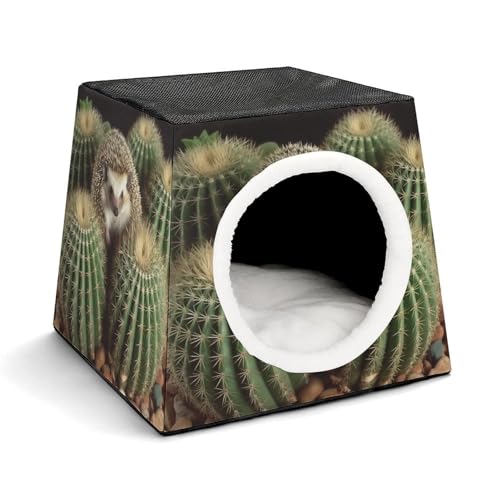 Leichte Reisebox Hundehütte Indoor & Outdoor Igel Kaktus Bedruckte Indoor Hundehütte mit waschbarem Plüschkissen Geeignet für Hunde & Katzen von BVKWNTSA