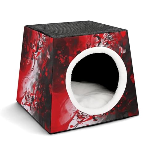 Leichte Reisebox Hundehütte Indoor & Outdoor Rot Schwarz Weiß Abstrakt Bedruckte Indoor Hundehütte mit waschbarem Plüschkissen Geeignet für Hunde & Katzen von BVKWNTSA