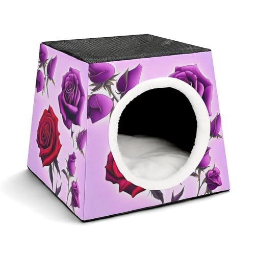 Leichte Reisebox Hundehütte Indoor & Outdoor Rote und Lila Rosen Bedruckte Indoor Hundehütte mit waschbarem Plüschkissen Geeignet für Hunde & Katzen von BVKWNTSA