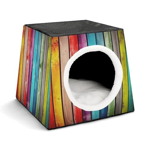 Leichte Reisebox für drinnen und draußen, bunte Holzbretter, bedruckt, für den Innenbereich, mit waschbarem Plüschkissen, geeignet für Hunde und Katzen Leichte Reisebox für drinnen und draußen, bunte Holzbretter, bedruckt, für den Innenbereich, mit waschbarem Plüschkissen, geeignet für Hunde und Katzen von BVKWNTSA
