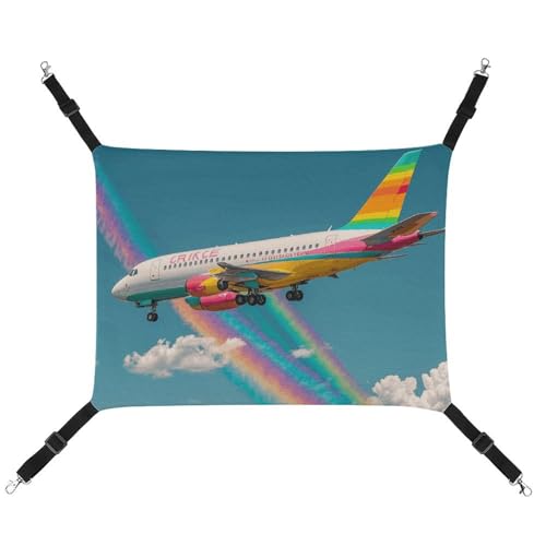 BVNMT Fantasy Hängematte mit Regenbogen-Flugzeug-Motiv, bedruckt, Leinen, atmungsaktiv und faltbar, für Katzen, Hunde und kleine Haustiere, ideal für Zuhause, Reisen und Haustierkrankenhaus – 42 x 33 von BVNMT