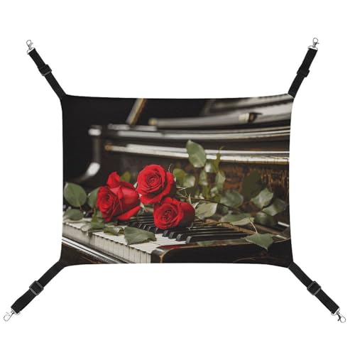 BVNMT Rote Rose auf Klavier bedruckte Leinen-Haustierhängematte – atmungsaktiv und faltbar für Katzen, Hunde und kleine Haustiere – ideal für Zuhause, Reisen und Haustierkrankenhaus – 42 x 33 x 20 cm von BVNMT