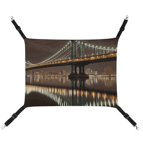 New York Manhattan Bridge Night bedruckte Leinen-Haustierhängematte – atmungsaktiv & faltbar für Katzen, Hunde & kleine Haustiere – ideal für Zuhause, Reisen & Haustierkrankenhaus – 42 x 33 x 20 cm von BVNMT