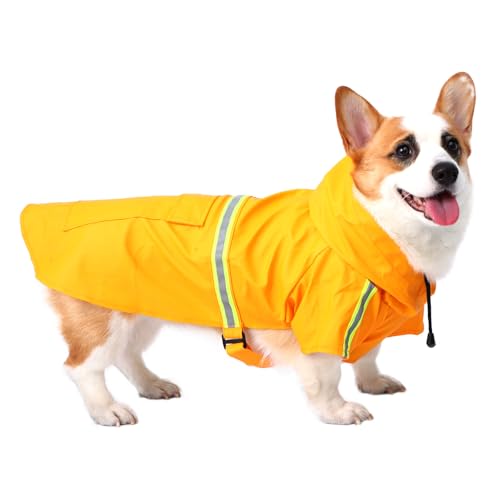 BWBIKE Wasserdichter Hunderegenmantel Verstellbare Regenfeste Kleidung für Haustiere Leichte Hunderegenjacke Poncho Hoodies mit Reflektierendem Streifen für Kleine Mittlere Große Hunde, Gelb, XXL von BWBIKE