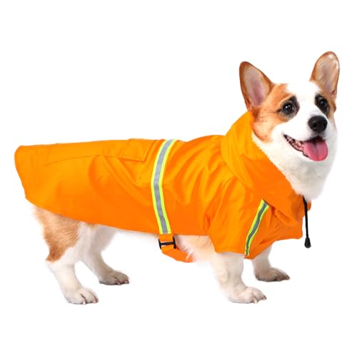 BWBIKE Wasserdichter Hunderegenmantel Verstellbare Regenfeste Kleidung für Haustiere Leichte Hunderegenjacke Poncho Hoodies mit Reflektierendem Streifen für Kleine Mittlere Große Hunde, Orange, 3XL von BWBIKE