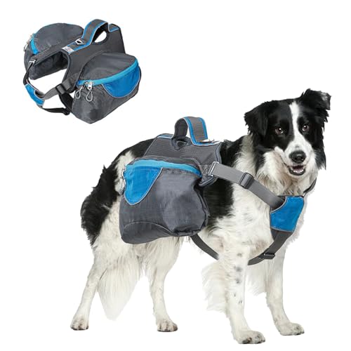 2-In-1-Geschirr Und Abnehmbarer Reiserucksack Für Hunde Wetterfester Rucksack, Gepolsterte Haustier-Satteltasche Für Kleine Bis Mittelgroße Bis Extra Große Hunde (Größe M,L,XL) (Farbe Blue-Größe M) von BWLEANSY