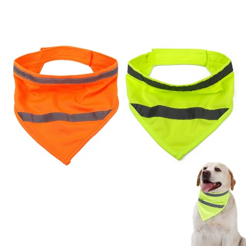 2 Stück Hund Bandanas Reflektierende Sicherheit Hund Schal Dreieck Streifen Haustier Hundehalsband, Reflektierender Dreieckstuch, fluoreszierend gelb orange Schal, Sicherheit für Katzen und Hunde (M) von BWLEANSY