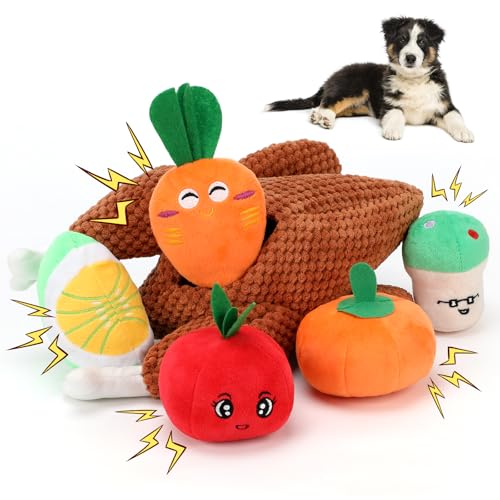 BWOGUE 6-in-1 gefülltes Truthahn-Hundespielzeug, weiches quietschendes interaktives Thanksgiving-Truthahn-Plüsch-Hundespielzeug, niedliches Erntedank-Verstecken und Suchen Kauspielzeug für kognitive von BWOGUE