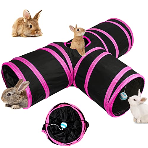 BWOGUE Bunny Tunnels und Röhren, zusammenklappbar, 3-Wege-Hasenversteck für Kleintiere, Spielzeug für Zwergkaninchen und Meerschweinchen von BWOGUE