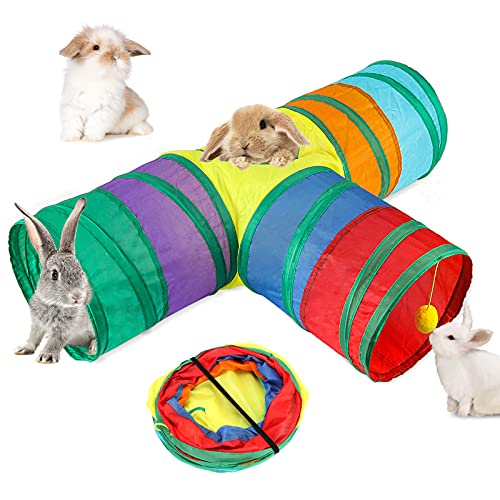 BWOGUE Bunny Tunnels & Tubes Faltbarer 3-Wege-Hasen-Versteck für kleine Tiere, Aktivitäts-Tunnel, Spielzeug für Zwergkaninchen, Hasen, Meerschweinchen, Kätzchen von BWOGUE