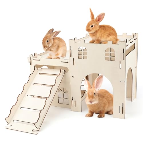 BWOGUE Extra großes hölzernes Hasenschloss Versteck geteilter Balkon für Indoor-Hasen, mehrstöckiges Kletterturm Versteck mit Treppe, belüftetes stabiles Haus für Kaninchen, Meerschweinchen und von BWOGUE
