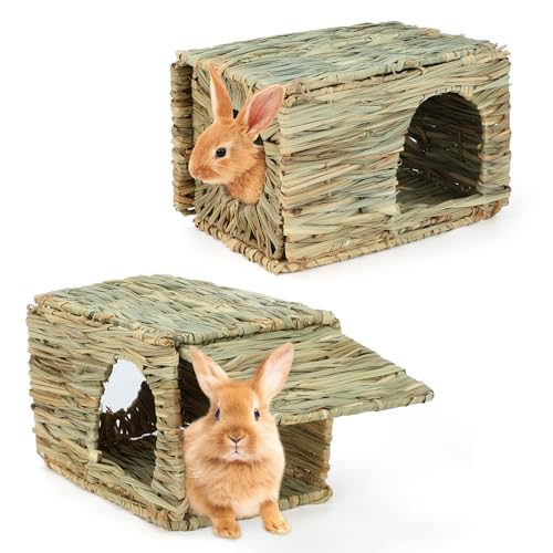 BWOGUE Gras-Hasenhaus aus natürlichem handgewebtem Seegras, Heumatte, Kauhütte für Kaninchen, Hamster, Chinchilla, Meerschweinchen, Kleintiere, 2 Stück von BWOGUE