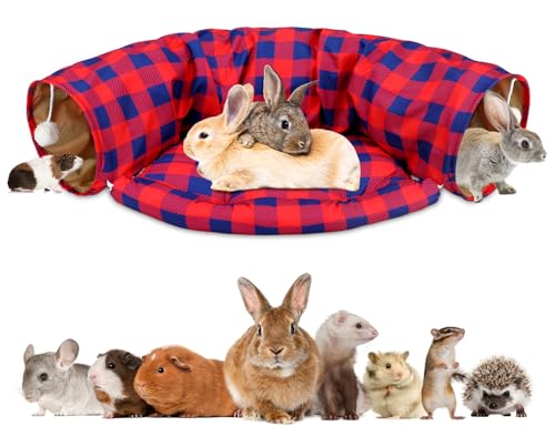BWOGUE Hasentunnelbett, 2-in-1 zusammenklappbare Tunnelröhren, Spielzeug mit abnehmbarer Matte, Versteck für Katzen, Kätzchen, Kaninchen, Meerschweinchen, Kätzchen (rotkariert) von BWOGUE