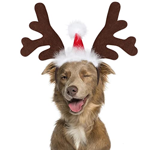 BWOGUE Hund Elch Rentier Geweih Stirnband mit Weihnachtsmannmütze Haustier Weihnachten Kostüm Kopfbedeckung Zubehör für Hunde und Katzen von BWOGUE
