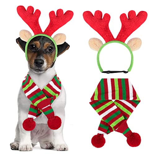 BWOGUE Hund Weihnachten Rentier Elch Geweih Stirnband und Rot-Weiß-Grün Streifen Schal Set Haustier Weihnachten Kostüm Hund Kostüme Zubehör für Hunde und Katzen von BWOGUE