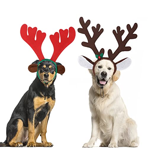 BWOGUE Hunde-Stirnbänder-Set mit Weihnachts-Elch-/Rentier-Geweih, für mittelgroße und große Hunde von BWOGUE