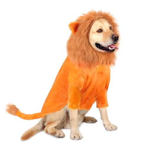 BWOGUE Löwen-Kostüm für große Hunde, Halloween-Löwen-Hundekostüm, warmes Fleece, Hunde-Kapuzenpullover, Kleidung mit Leinenloch, geeignet für mittelgroße bis große Hunde, Halloween, Cosplay, Urlaub von BWOGUE